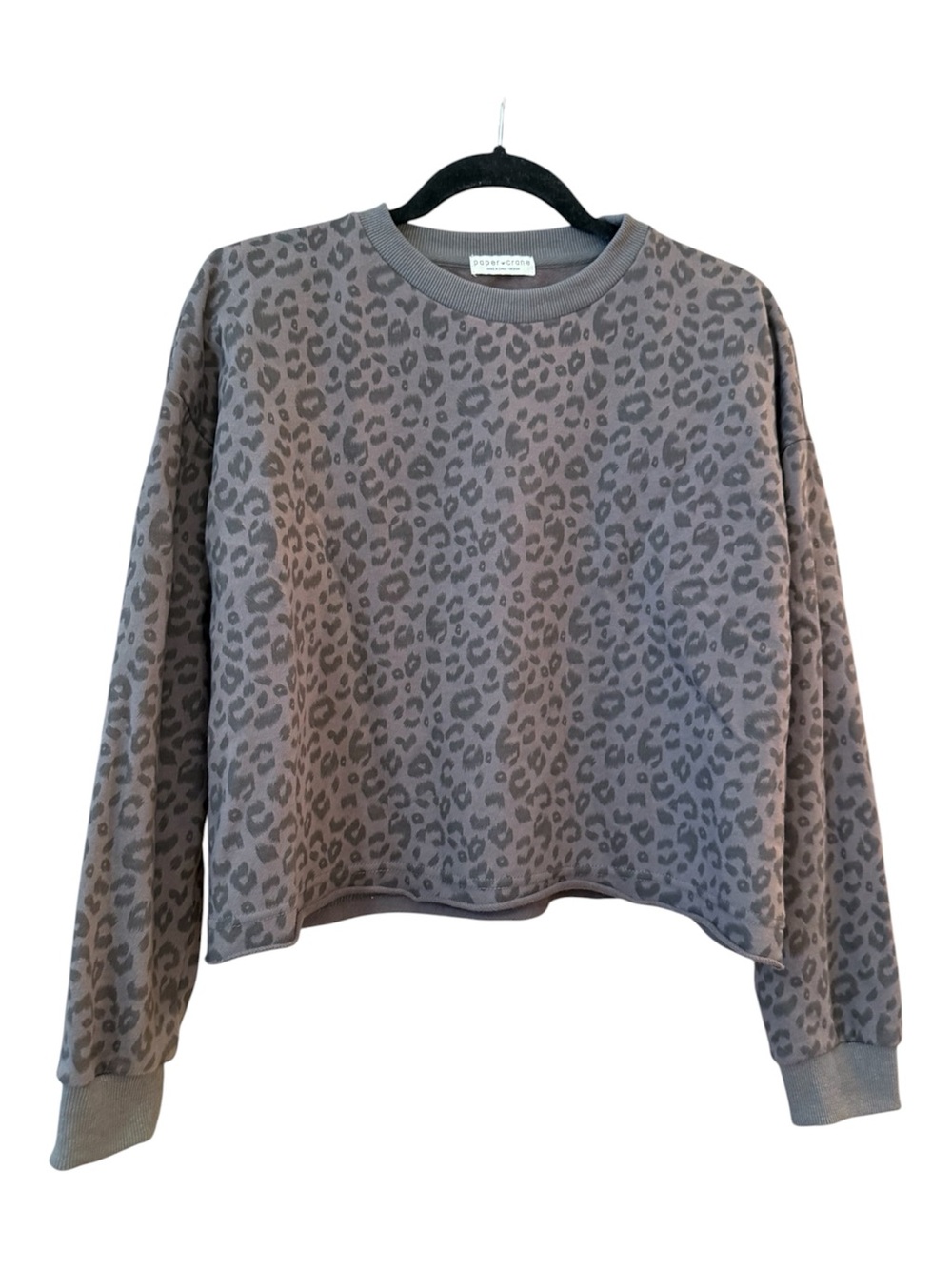 Paper Crane Taupe Gray Leopard Cropped Crewneck Sweatshirt M